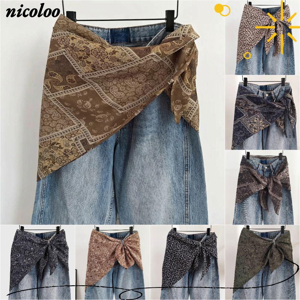 NICOLO ผ้าพันคอไหมผู้หญิง, ผ้าไหมเลียนแบบชาติพันธุ์พิมพ์ผ้าพันคอสามเหลี่ยมเข็มขัด, High-End Y2K Stre