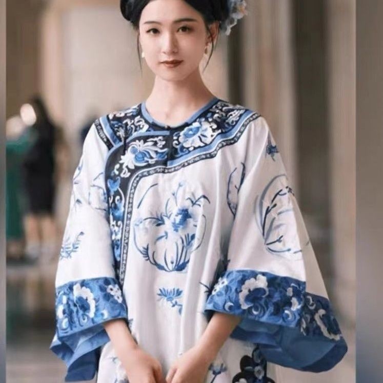 ต้นฉบับ Qing Dynasty Qing Dynasty Evening Qing Hanfu สีฟ้าสีขาว Porcelain เครื่องแต่งกาย Palace Hor#