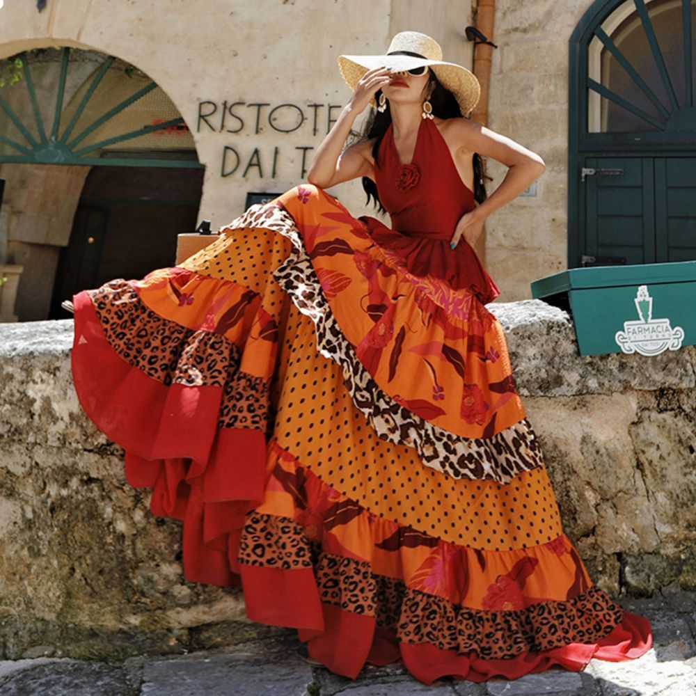 De Collar Ego ครึ่งเอวดอกไม้เสือดาวพิมพ์แกว่งขนาดใหญ่ภาษาฝรั่งเศสคํา codfashion เย็บด้านข้าง Ruffle 