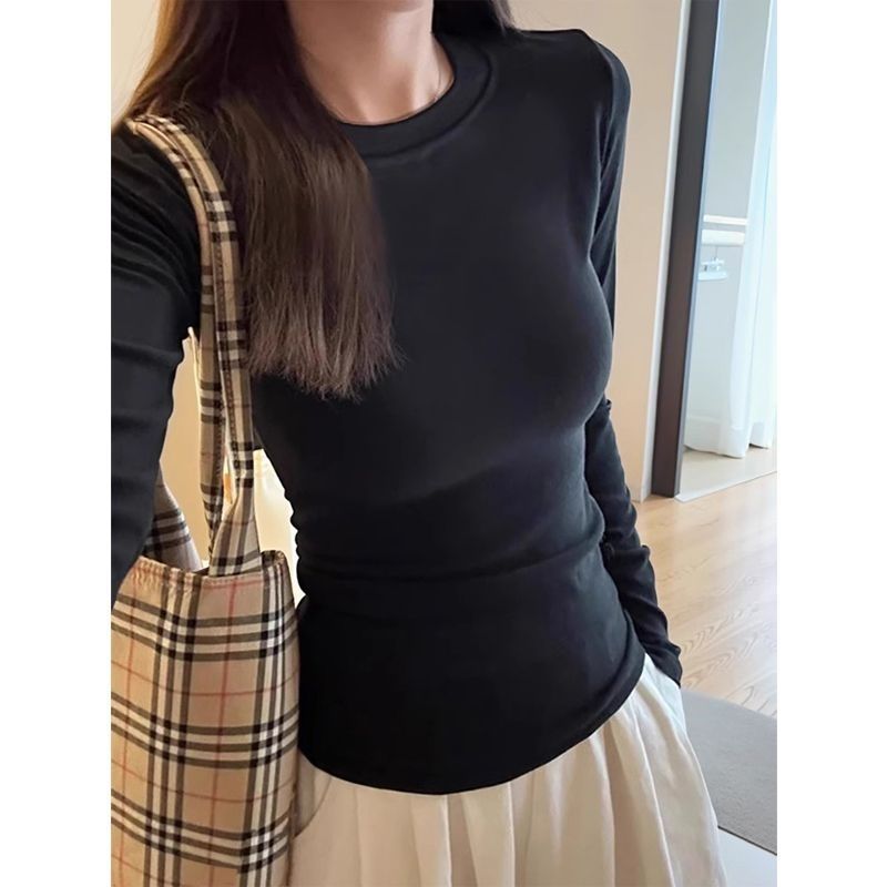 ฤดูใบไม้ร่วงฤดูหนาวไหล่แขนยาวแฟชั่นบางอบอุ่นแคบด้านบนรอบคอBottomingเสื้อSlim-Fitสไตล์ใหม่เอวCODดูขนแ