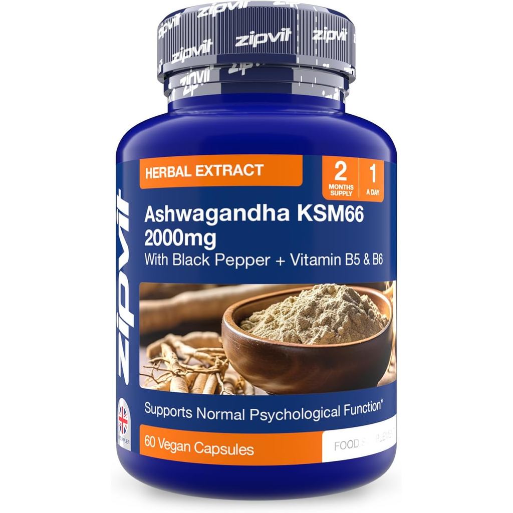 Zipvit Ashwagandha KSM 66 2000 mg พร้อมวิตามิน B6, B5 & Black Pepper, High Strength Ashwagandha Root