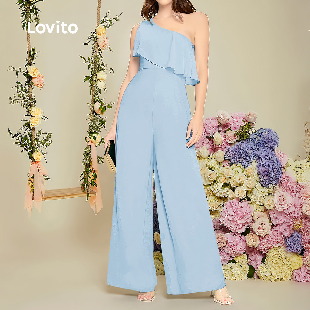 Lovito  จั๊มสูทจัมพ์สูทซิปอสมมาตรหรูหราสําหรับการเดินทางฤดูใบไม้ผลิ/ฤดูร้อน สีฟ้าอ่อนสําหรับผู้หญิง L177ED046 ราคา ถูกที่สุด ดีลบีเคเค แกลเลอรีภาพที่ 3