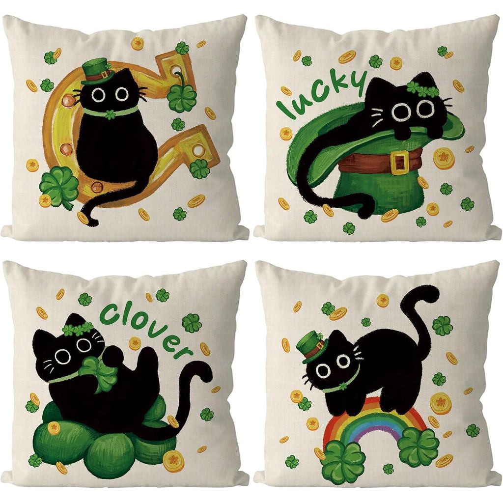St Patricks Day หมอนครอบคลุม 18x18 นิ้วชุด 4 ชิ้น Black Cat Decor โยนปลอกหมอน Happy St. Patricks Day