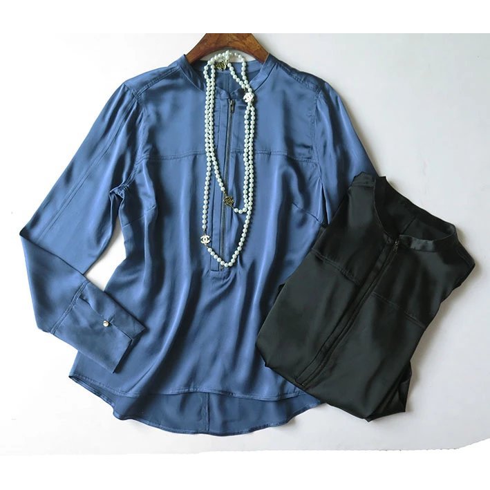 WMI2 เสื้อไหมสไตล์อเมริกันจากเดนมาร์ก ซิปรอบคอดีไซน์หลวมสำหรับผู้หญิง 11.5j