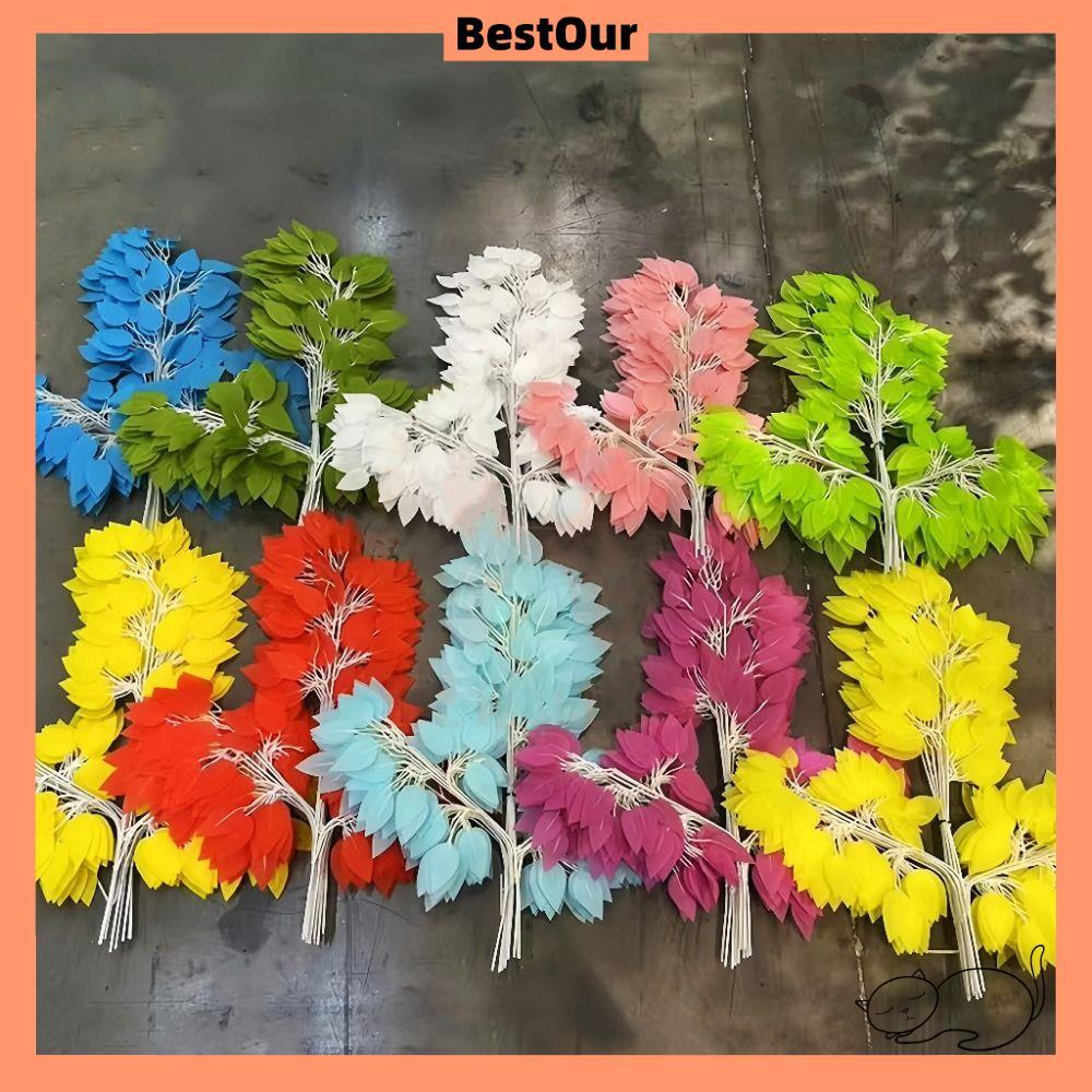 BESTOUR 12PCS ประดิษฐ์ Banyan Leaves, ผ้าไหมใบสมจริงจําลองสาขา Ficus, Creative หลากสีปลอม Banyan Tre