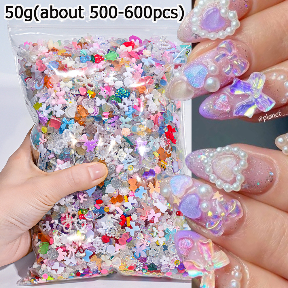 50g(500-600 ชิ้น) Bulk 3D Mix เรซิ่นที่มีสีสัน Aurora โบว์ดอกไม้ผีเสื้อเล็บ Charms Heart/Moon FlatBack ตกแต่งเล็บ Supplie