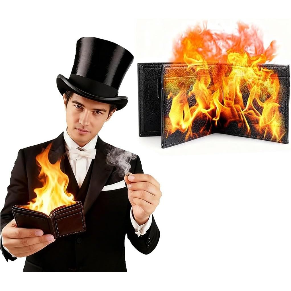 Magic Trick Fire Wallet, Flaming Wallet, Novelty PU Leather Billfold That Lights On Fire for Stage a