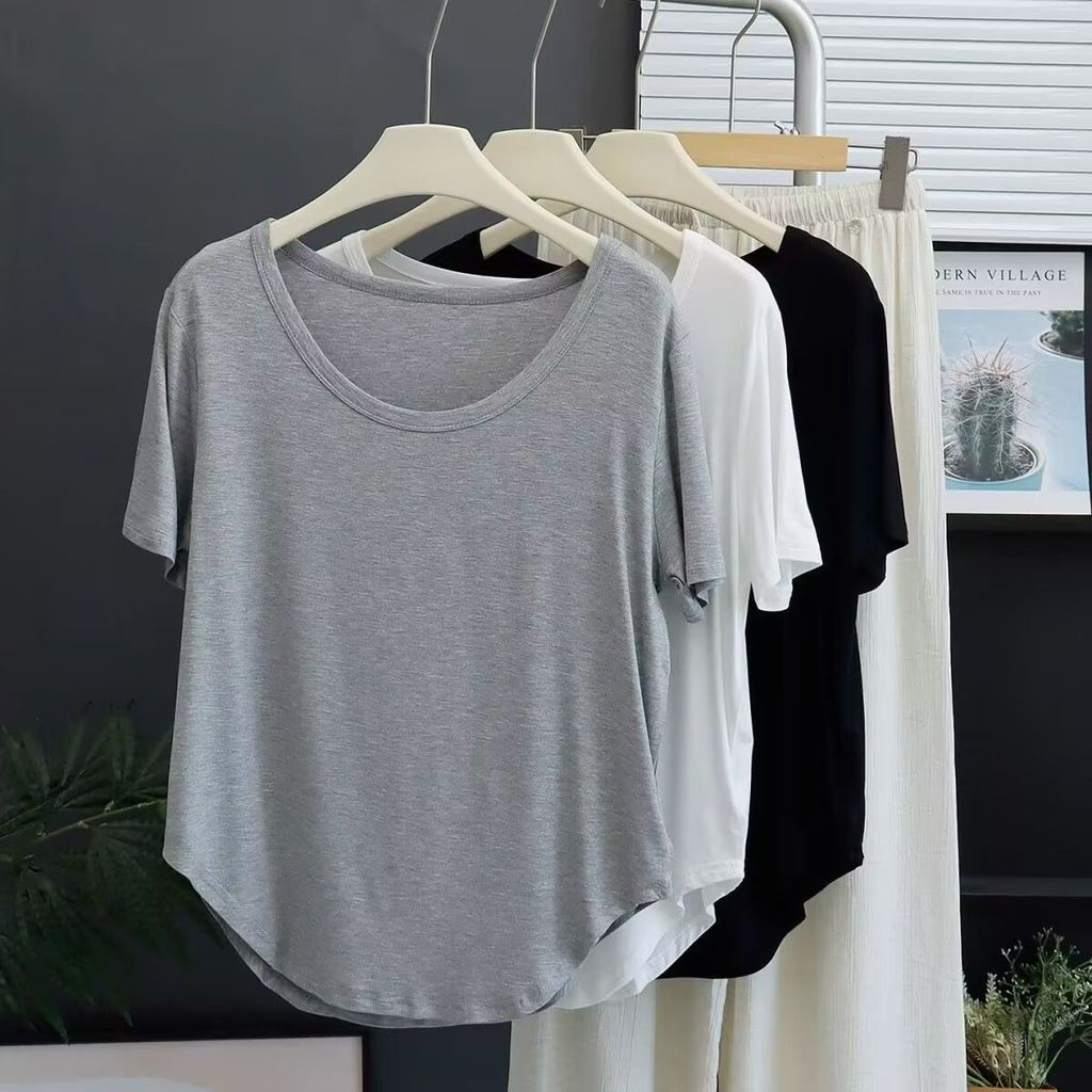 Cod Flesh Slimmer ดู Arc แขนสั้นฤดูร้อนผู้หญิง 2026 Top t Modal Hem หลวมรอบคอแฟชั่นฐาน 2026 เสื้อผู้
