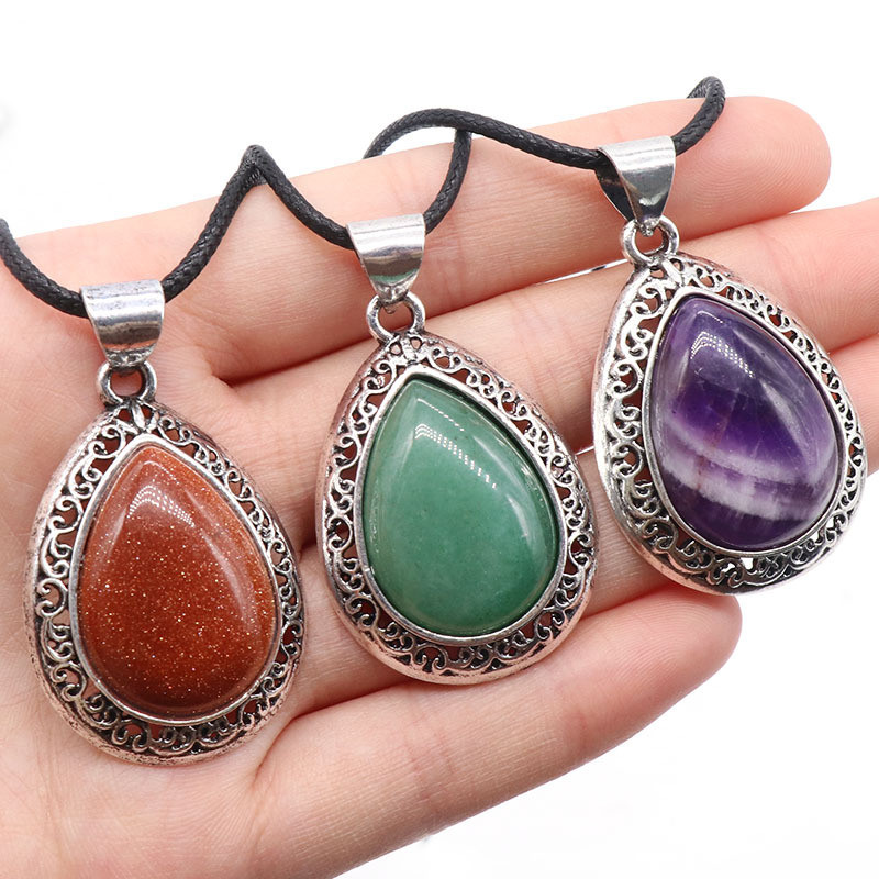 1185-คริสตัลธรรมชาติ Agate Semi-Precious หิน Water Drop จี้อัญมณีฝังโลหะผสม Abalone SHELL สร้อยคอ