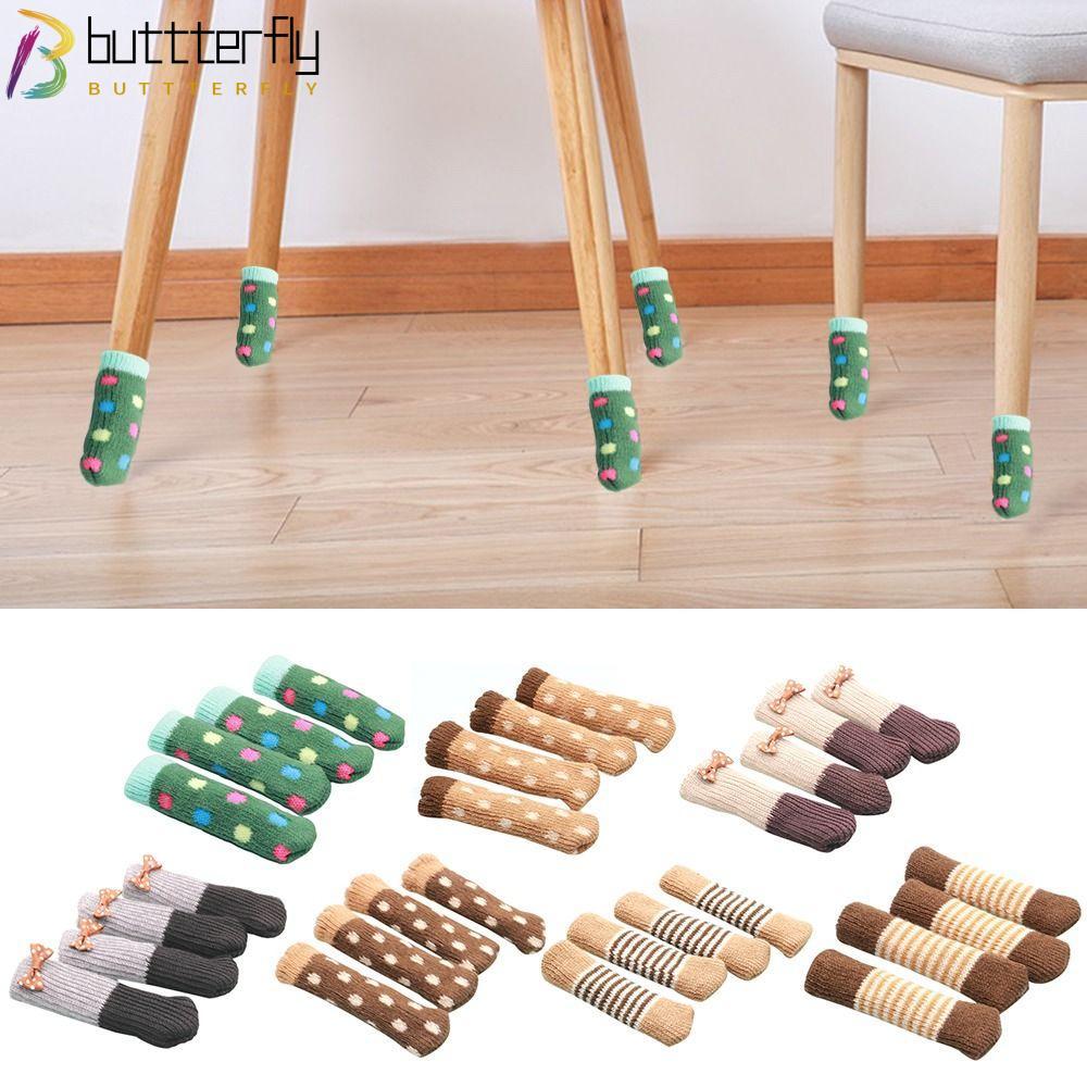 BUTTTERFLY 4 ชิ้นถุงเท้าถัก,ลื่น Anti scratch เฟอร์นิเจอร์ถุงเท้า,สวมใส่หนายืดหยุ่นเก้าอี้ขาฟุตครอบคลุมบ้าน