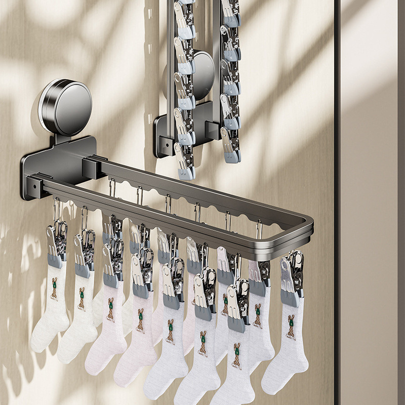 Suction cup foldable small sock drying rack Balcony windproof multi-clip clothes rack