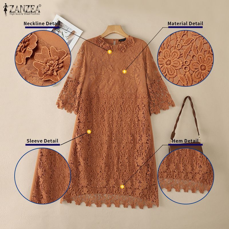 ZANZEA ชุดเดรสผู้หญิงสไตล์เกาหลีหรูหรา แขนสามส่วน Crochet ลายลูกไม้กลวง A-line ทรงหลวม สไตล์ดูหรูหราและสวมใส่ง่าย — صورة 7
