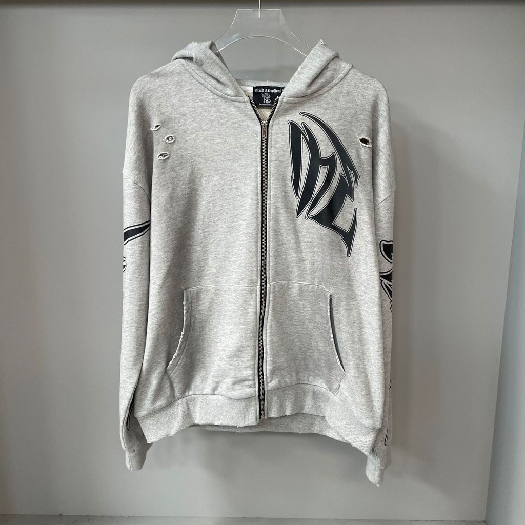XWAK MIXED EMOTION Heavyweight distressed printed hooded zip-up sweatshirt jacket for men and women,