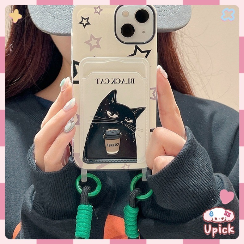 Upick-For iphone 15 14 13 12 11 16 17 กาแฟแมวดําตลกกระเป๋าบัตรเคสโทรศัพท์พร้อมสายรัดข้อมือเชือกแขวนเ