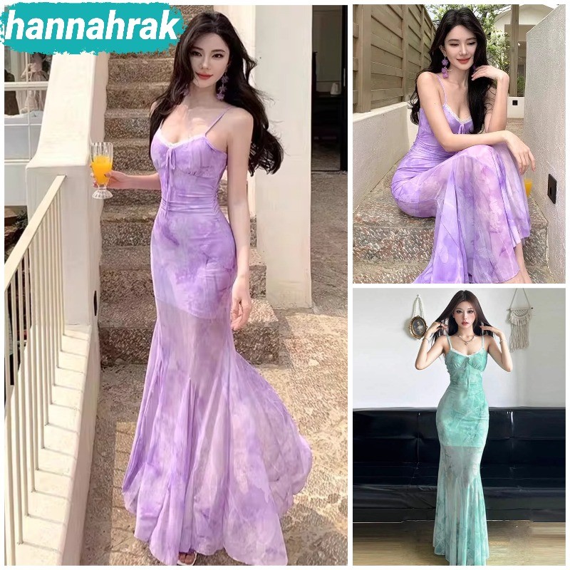 (ส่งจากกรุงเทพฯ)เดรสยาวสายเดี่ยว ดอกไม้ รัดรูปแขนาว ลูกไม้ ผู้หญิงฤดูร้อนสไตล์ใหม่ วันหยุดชายทะเล เอวสูงกระโปรงยาว