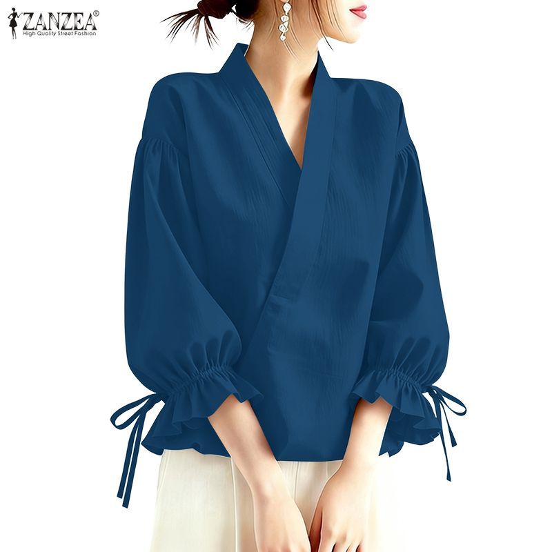 ZANZEA เสื้อเชิ๊ตเกาหลีสำหรับผู้หญิง แบบคอ 3/4 แขนพัฟ tie-up ruffles สไตล์เรียบร้อย