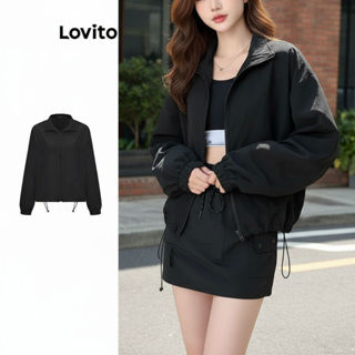Lovito แจ็คเก็ตผู้หญิงลําลอง เชือกรูด กันน้ํา มีซิป L100MD28…