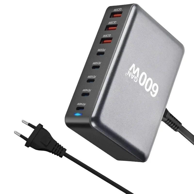 แบบพกพาและเหมาะสําหรับแท็บเล็ตใหม่ 600W GaN 3.0 USB-C Charger พร้อม 8 พอร์ต 5C3A PD,
