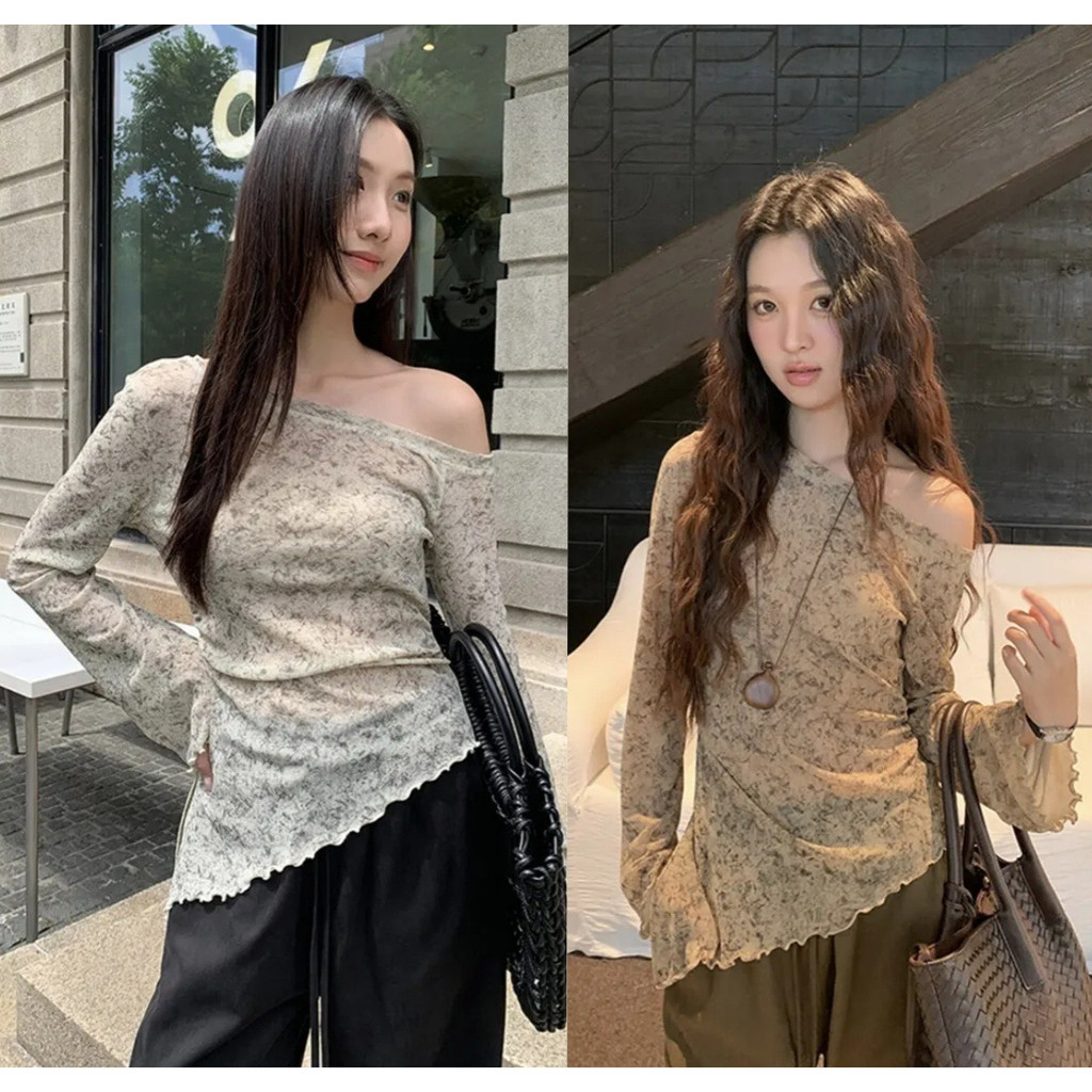 ฤดูใบไม้ผลิและฤดูใบไม้ร่วงสไตล์ใหม่แฟชั่นลายดอกไม้เสื้อเปิดไหล่แลดูผอมรอยเปื้อนไม่สม่ำเสมอตาข่ายเสื้อแขนยาว