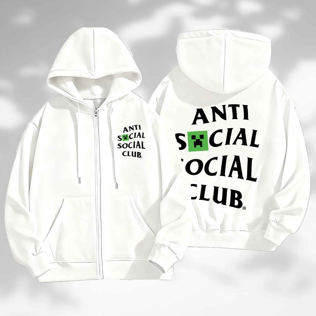 Anti Social Social Club Minecraft Creeper Hoodie Zip Up Streetwear Unisex เสื้อฮู้ดซิป ลาย Creeper