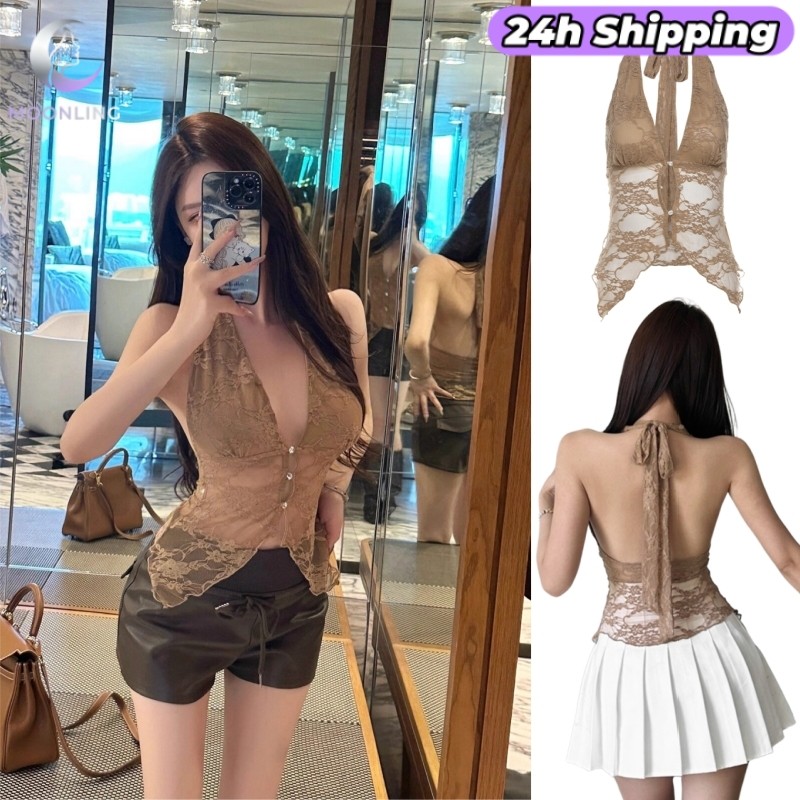 MOON 'พร้อมส่ง' เสื้อคล้องคอ ผ้าลูกไม้ซีทรู กระดุมหน้า ชายแหลม เข้ารูปไม่มีฟองน้ำ FY1183