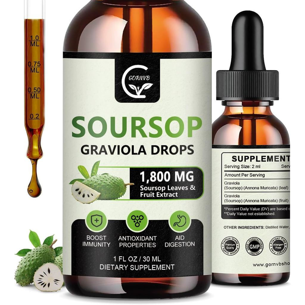 (2 แพ็ค) ซาวสป Graviola Liquid Drops 1800mg, 98% Absorp Bitters Liquid for Cell port & Regeneration,
