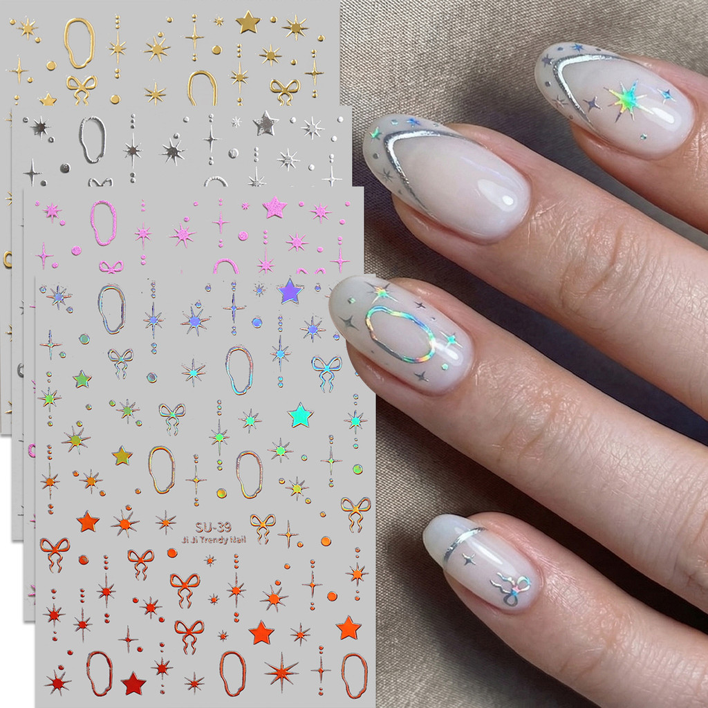 HAMA ดาวโบว์เล็บสติกเกอร์ Aurora Silver Gold Chrome Glitter Decals Y2K Starry Moon เรียวข้าม ตกแต่งเล็บ DIY Design