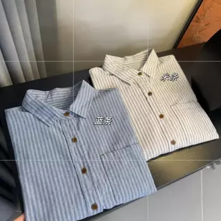 mimi#เสื้อเชิ้ตแขนยาวลายทางคลาสสิกสไตล์เรโทรลำลองสำหรับผู้หญิง ทรงหลวมใส่สบาย สไตล์เกาหลี สวมใส่ได้หลากหลายโอกาส#W716