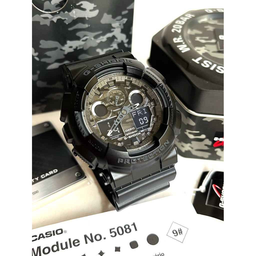 KK G-Shock GA100CF-1A นาฬิกาหน้าปัดลายพรางและเรซินสีดําสําหรับผู้ชาย GA100