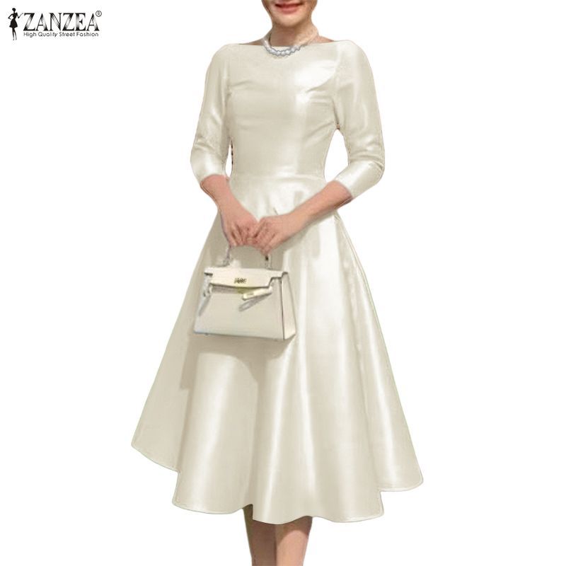 ZANZEA ดRESSES สำหรับผู้หญิง ออกแบบสไตล์เกาหลี แขนยาว 3/4 ทรงเอวกระชับ และซิลู엣แบบ A-line สไตล์แฟลร์