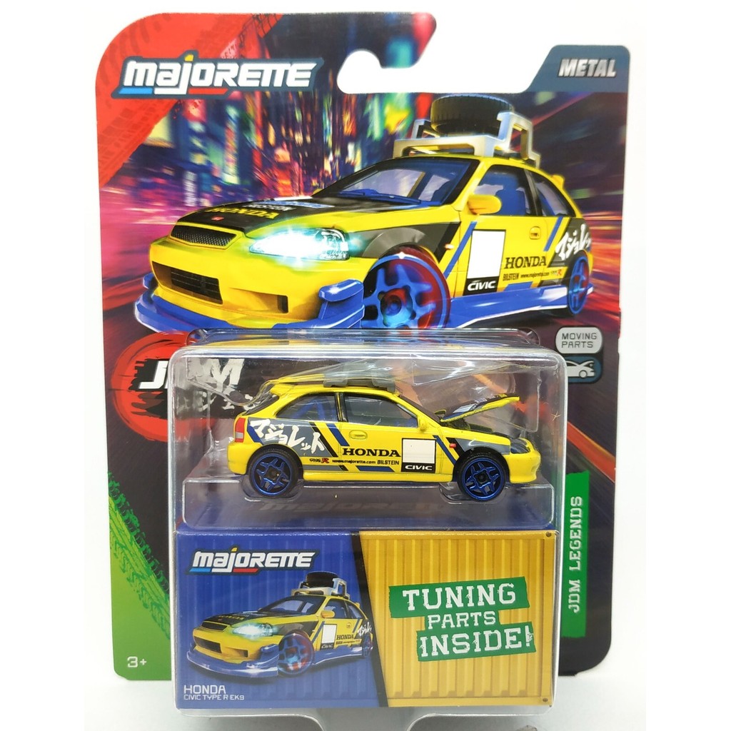 Majorette Honda Civic Type R EK9 JDM Legends สีเหลือง 1:57 3" ในแพ็คเกจ