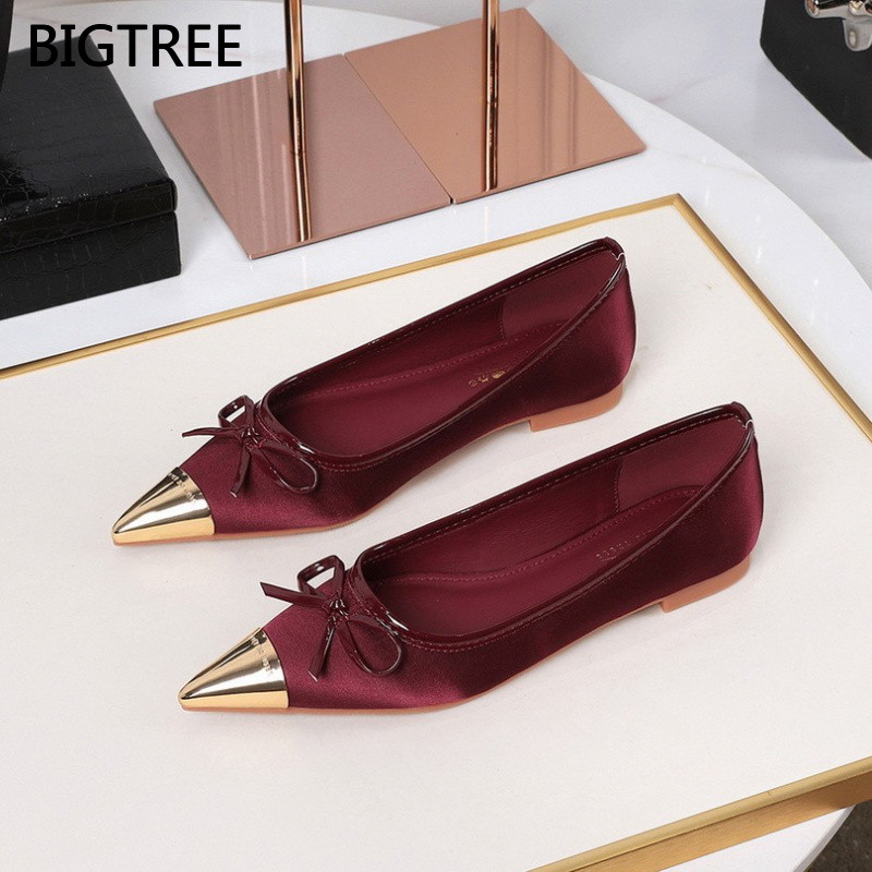 Bigtree Flat Ballet Shoes French Pointed Toe Satin Evening Womens Shoes