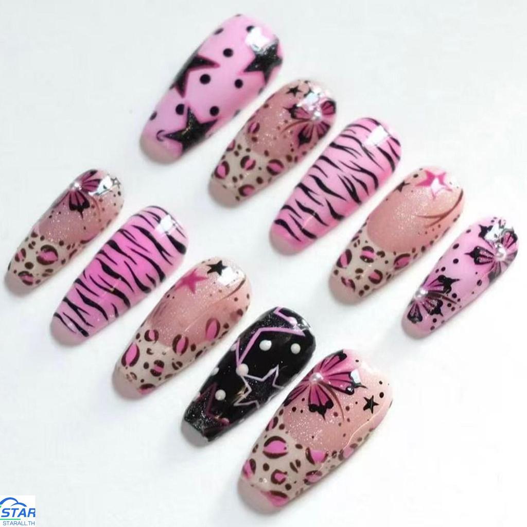 30 ชิ้น Y2K สไตล์เล็บปลอม Star Zebras ดอกไม้พิมพ์ตกแต่ง 3D ไข่มุกตกแต่งเล็บปลอมสําหรับวันหยุดตกแต่งเ
