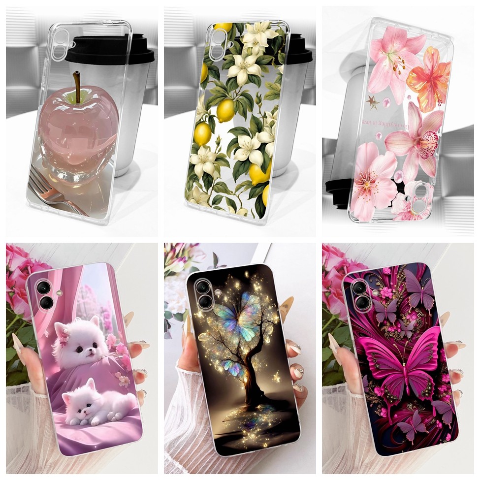 SAMSUNG ฝาครอบใสสําหรับSamsung A04 กรณีSM-A045Fแมวน่ารักแฟชั่นผีเสื้อตลกทาสีสําหรับSamsung Galaxy A0
