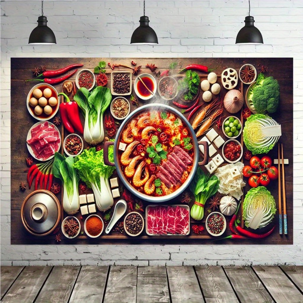 1 ชิ้นสไปซี่หม้อไฟพื้นหลังแขวนผนังผ้ารวมพริกไทยดองเนื้อสัตว์และผัก-ทนทานเหมาะสําหรับครอบครัวงานแต่งงานวันเกิดสตูดิโอถ่ายภาพ
