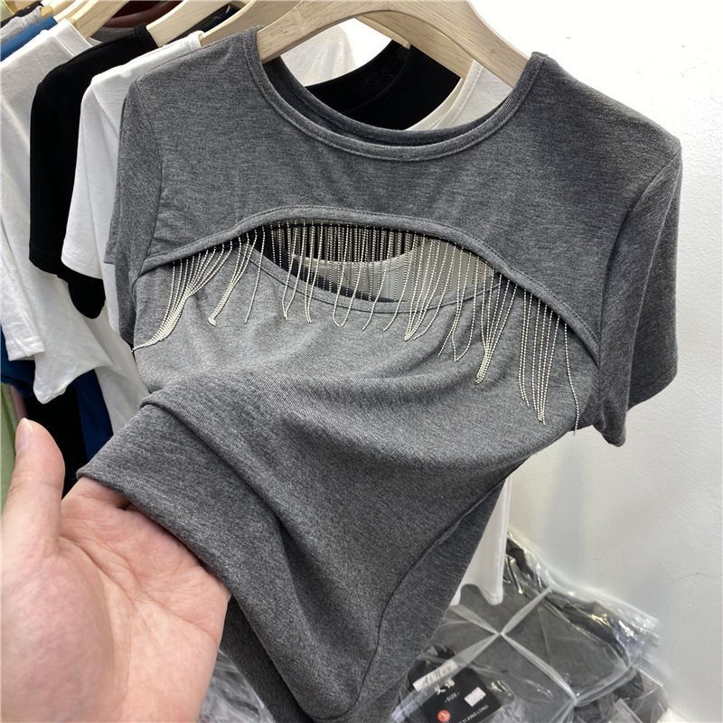 European Design Niche Hollow พู่รอบคอแขนสั้นเสื้อยืดผู้หญิง 2024 ฤดูร้อนสไตล์ใหม่แฟชั่นอินเทรนด์ 1OZ