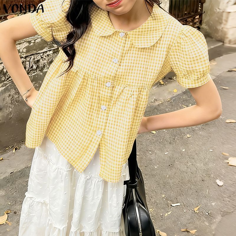 VONDA قميص نسائي كوري كاروهات بياقة دمية — صورة 4