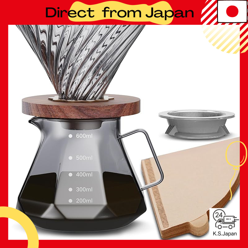 Heat-Resistant Glass Coffee Server with Wooden Holder - 600ml Capacity, Drip Coffee Brewer for 2-4 P