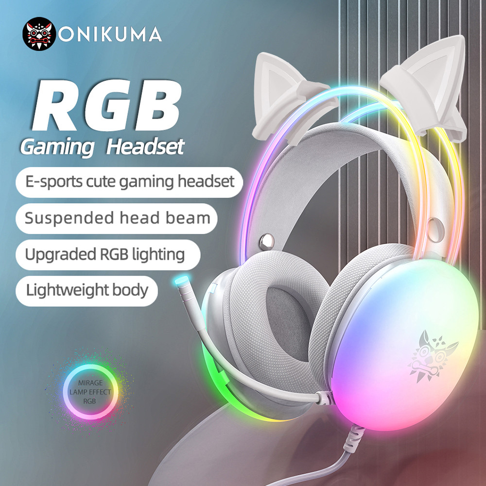 Professions Gaming Headset with Dynamic FULL RGB Light Detachable Cat Ears Wired Headphones with Mic