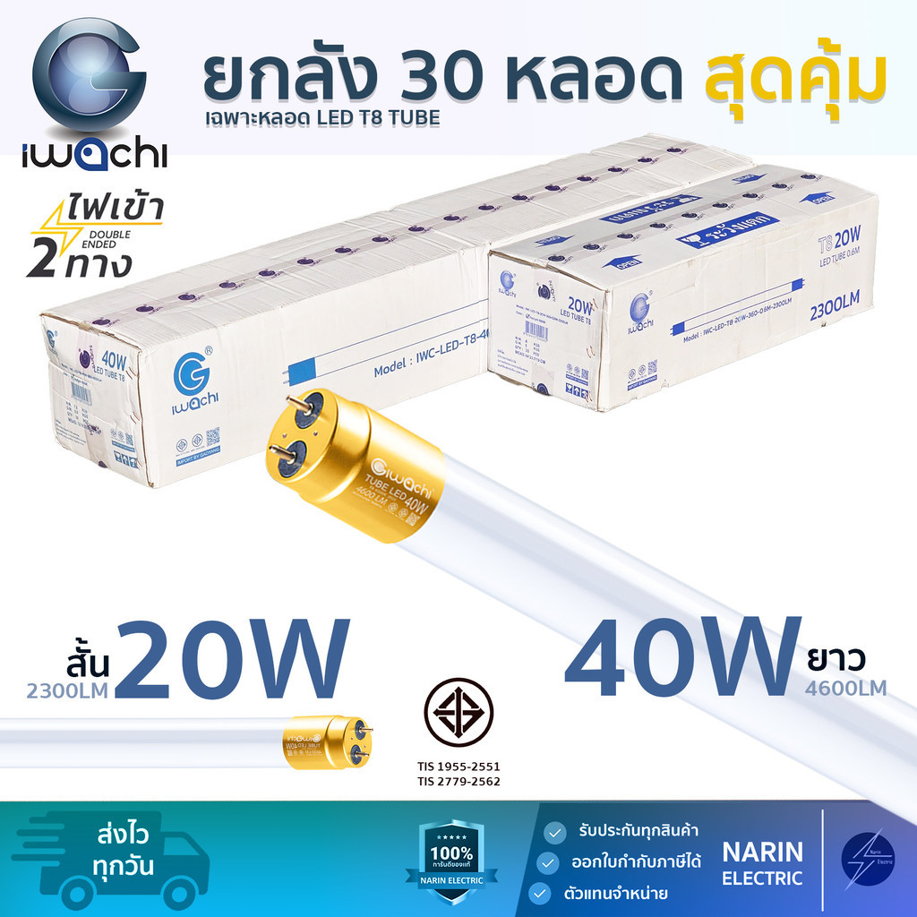 (ยกลัง 30 หลอด) IWACHI หลอดไฟ LED T8 (ขั้วทอง) 20W (สั้น) / 40W (ยาว) | สว่างพิเศษ | ไฟเข้า 2 ทาง | แสงขาว Daylight