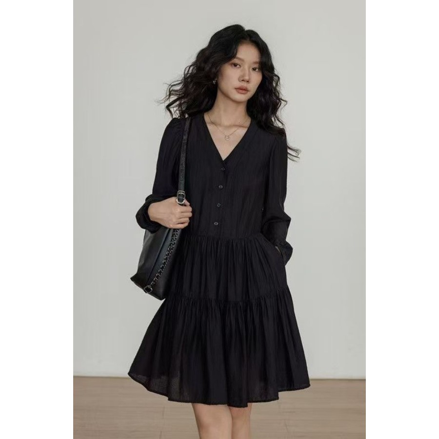 COD ขนาดใหญ่พิเศษ 150 กก.ไขมัน MM ฝรั่งเศส Retro แขนยาว V คอชุดหญิงฤดูใบไม้ร่วงหลวม Slimmer ดู Class