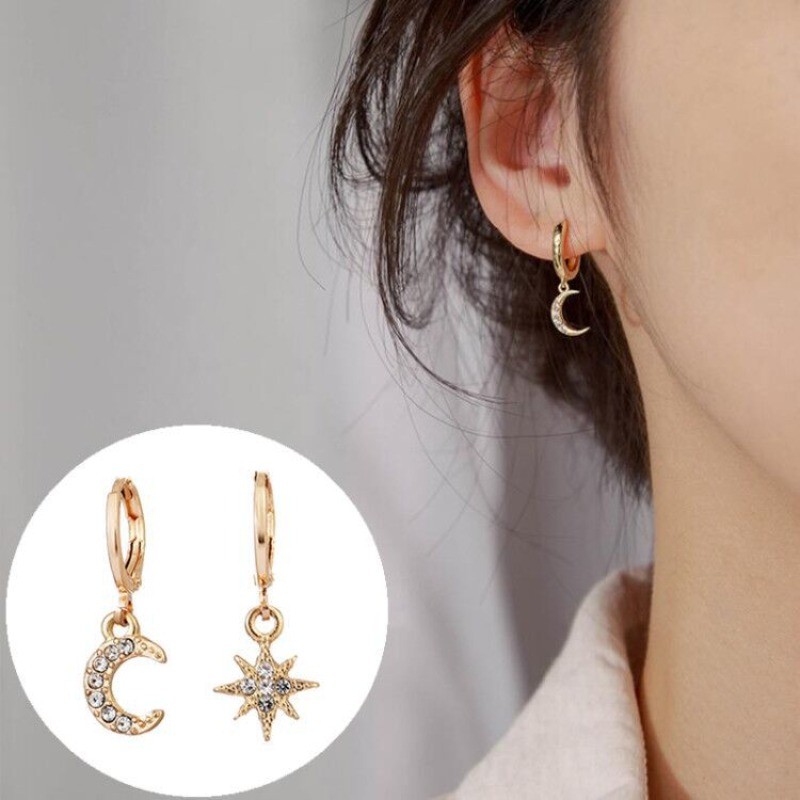 Vintage คลาสสิก Sun Moon ต่างหูผู้หญิง Dangle ต่างหูไม่สมมาตรต่างหู Star และ Moon หญิงเกาหลีเครื่องประดับ