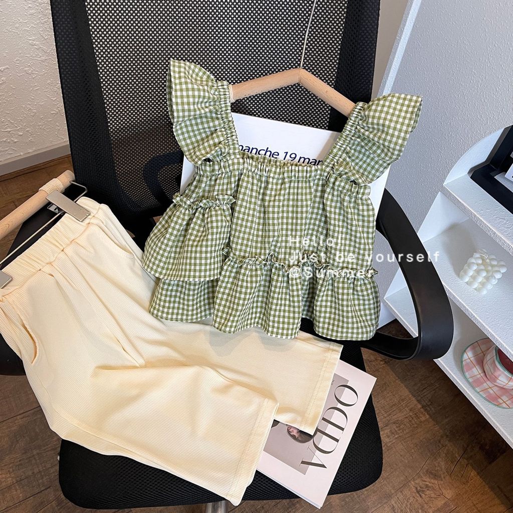COD 2026 Mint Mambo 2025 Girls Flying Sleeve Checked Sling Baby Shirt Summer Baby Ice Silk Straight 