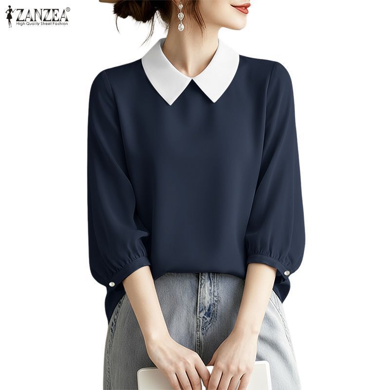 ZANZEA ชุดทำงานสำหรับผู้หญิงสไตล์เกาหลี อ่อนโยน มีกระดุมปุ่มลดระดับ แขน 3/4 ลายตัดกัน