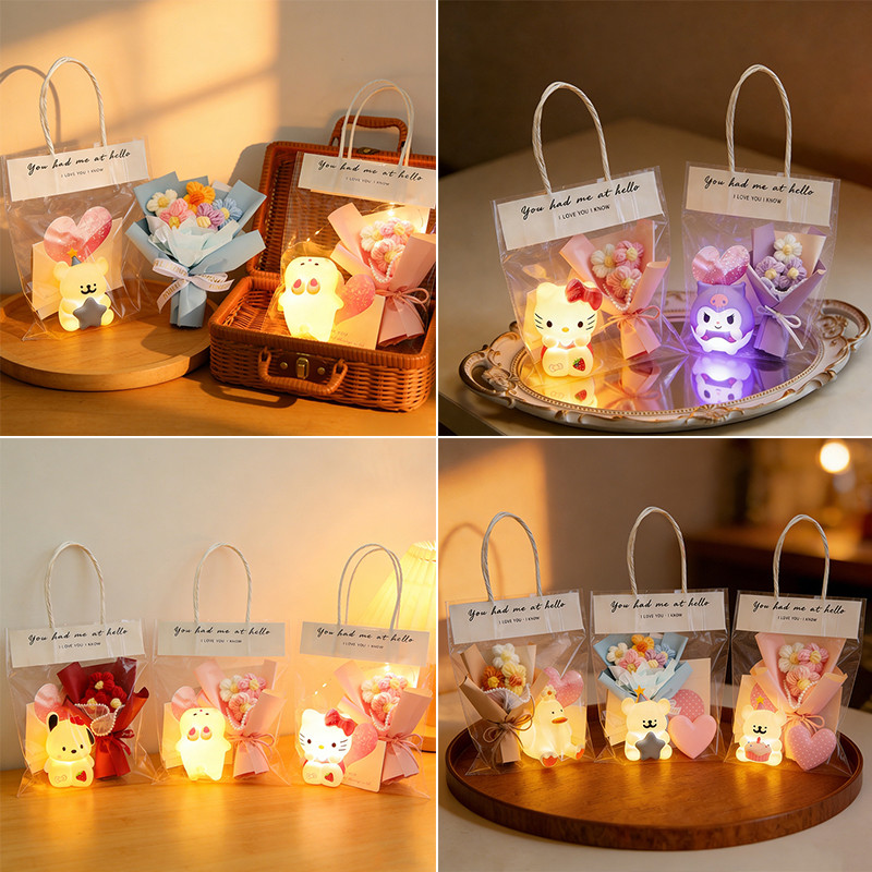 กล่องของขวัญวันวาเลนไทน์การ์ตูนห้องนอนโคมไฟแตะไฟกลางคืน+ชุดดอกไม้