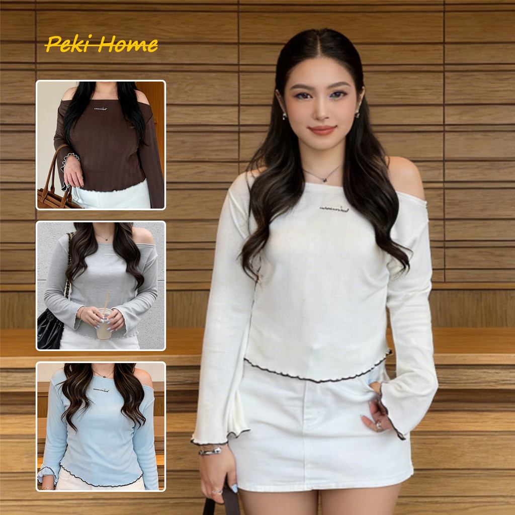 เสื้อยืดแขนยาวผู้หญิง เปิดไหล่ แบบปาดไหล่