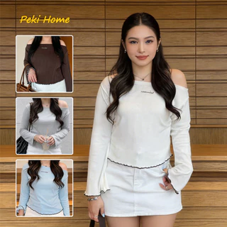 เสื้อยืดแขนยาวผู้หญิง เปิดไหล่ แบบปาดไหล่