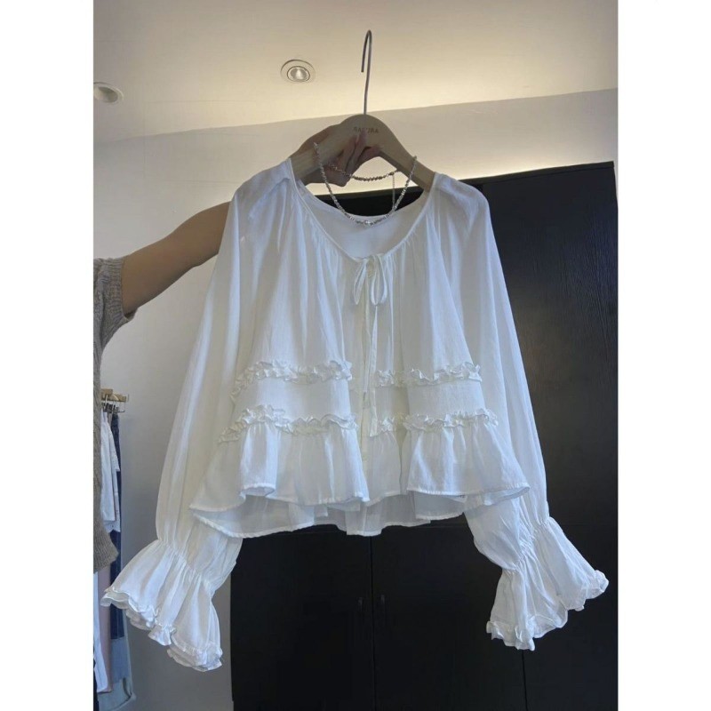 easy ผู้หญิง ฝรั่งเศส ผูกขึ้น แขนแตร เสื้อเชิ้ต ผ่อนปรน แสดงผอม เสื้อ