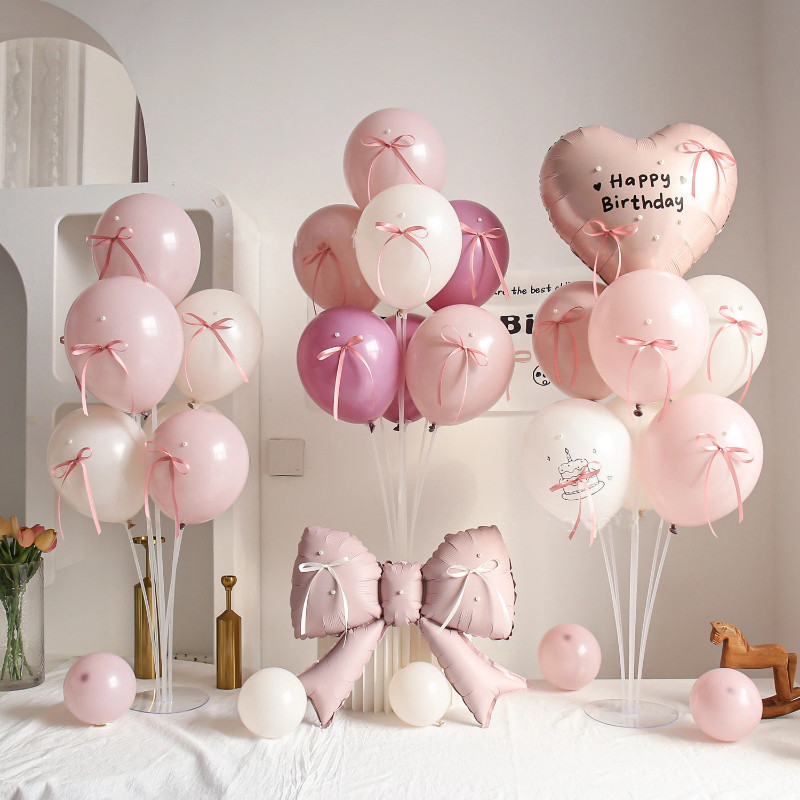 INS Baby Shower โบว์สีชมพูบอลลูนผู้ถือมุกเด็กวันเกิด Bobo บอลลูนขาตั้ง Bowknot 1st Boy Party Blue Heart บอลลูนตารางลอย