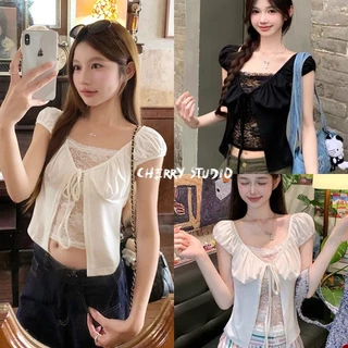 Cherry🎀พร้อมส่ง🎀เสื้อยืดแขนสั้นคอวี ผูกโปว์น่ารัก แต่งลูกไม้เกเสื้อครอปทรงเข้ารูปสีเทา สไตล์เกาหลีเรียบๆลำหลับผู้หญิง